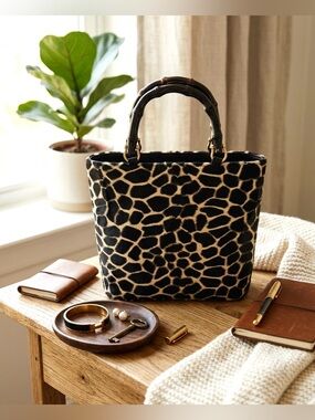 Black and Cream Giraffe-Print Tote Bag with Bamboo-Style Handles